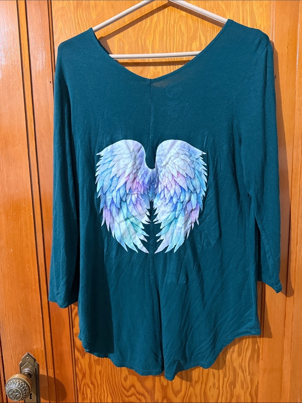 Women's Teal Long-Sleeve Top with Pastel Angel Wing Graphic